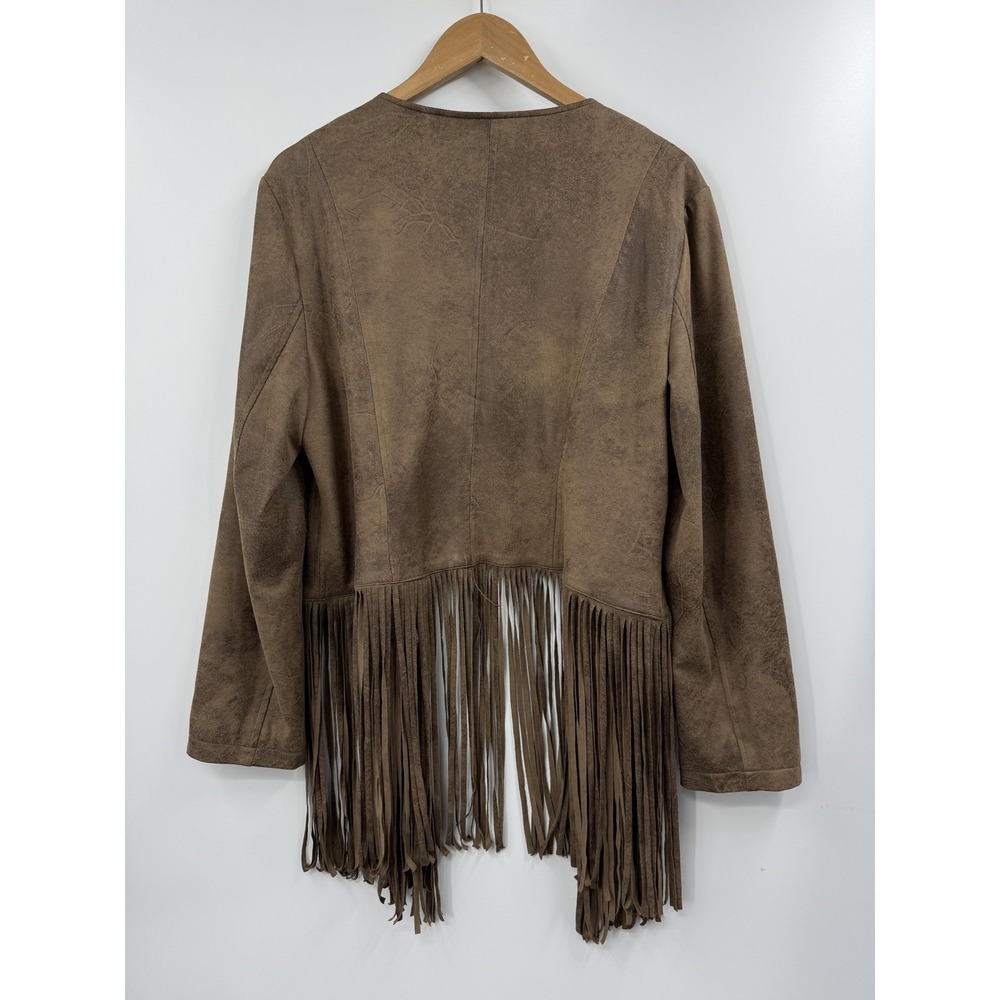 Chico's Jacket Womens 2 Brown Faux Suede Fringe Open Front Boho Western Long - Picture 5 of 9